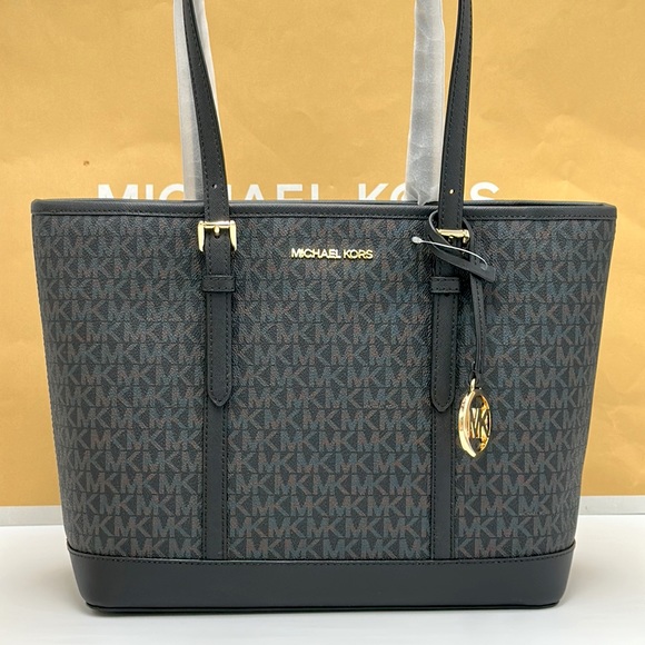 MICHAEL KORS 
Jet Set Travel  Logo Top-Zip Tote Bag BLACK SIGNATURE COLOR - Picture 5 of 14